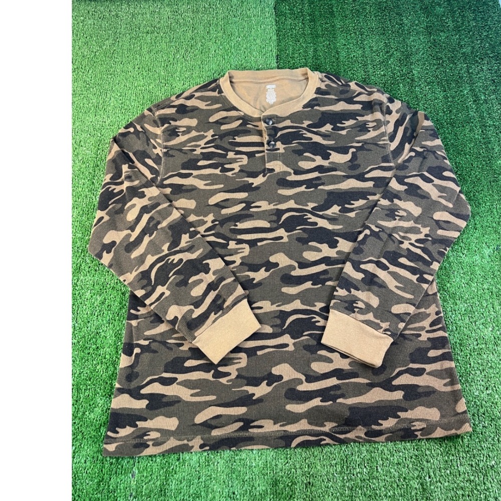 Premier International Mens 2XL Camo Waffle Knit Thermal Henley Shirt Brown Camo